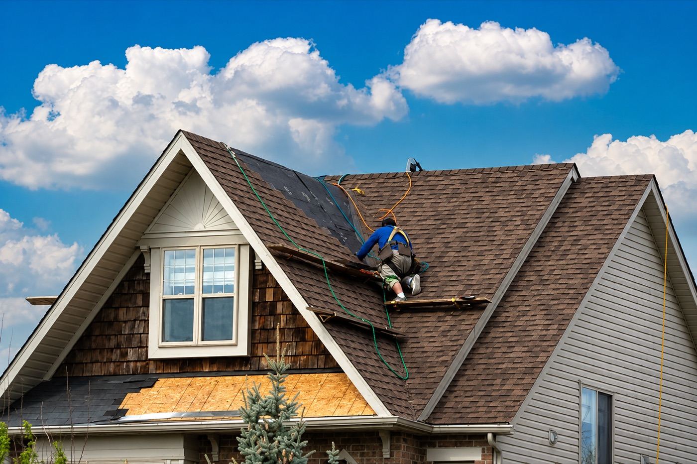 Roofer installing new asphalt shingles on a steep residential roof